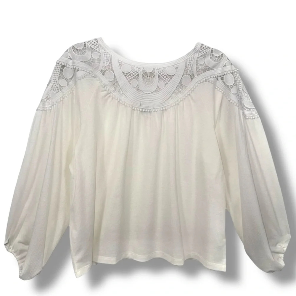 Ann Taylor Lace Yoke Knit Blouse Ivory Long Sleeve Pullover Size Medium